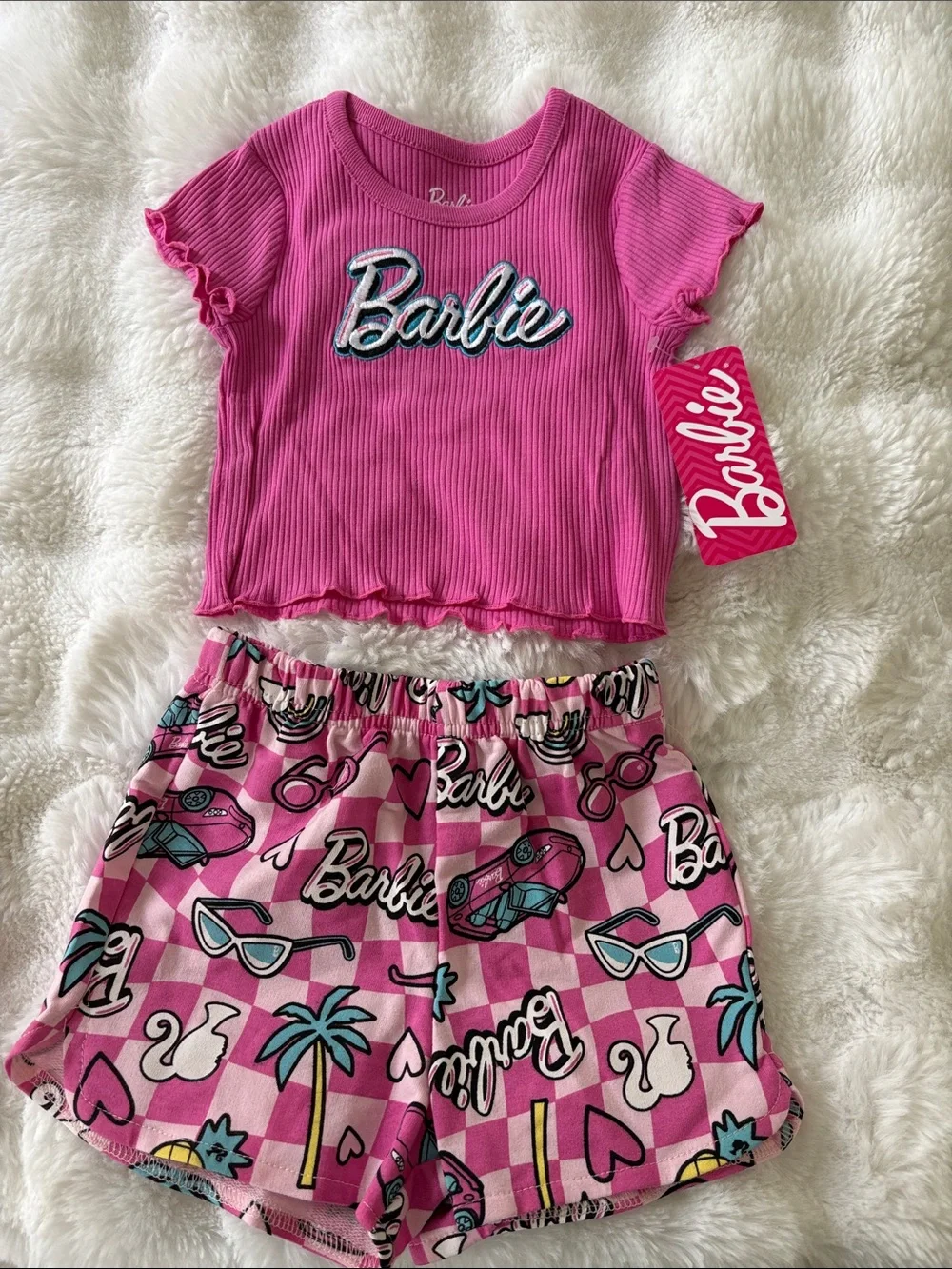 Barbie Hot Pink Ribbed Crop Top with Printed Pink Graphic Shorts